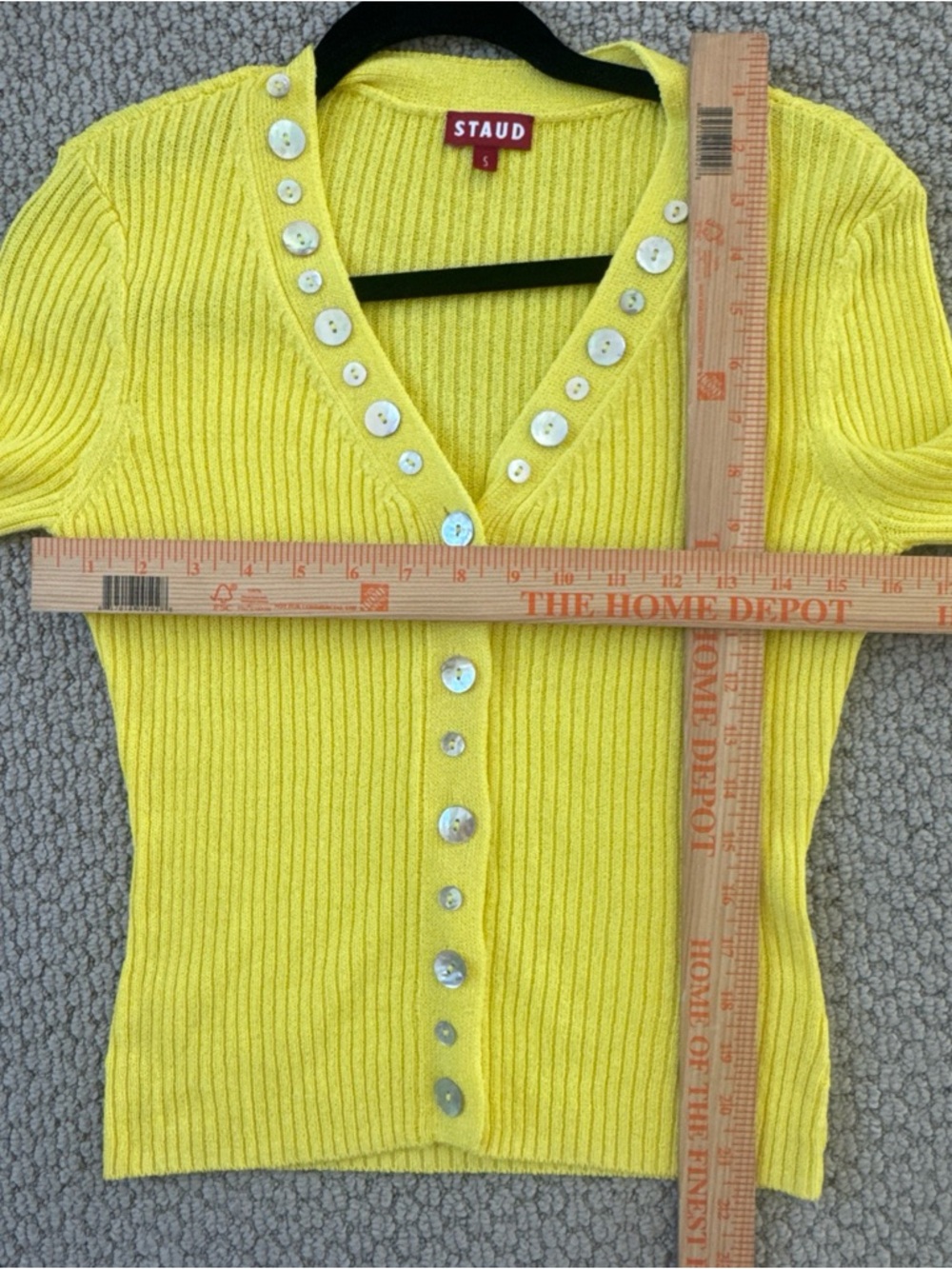STAUD Alastor Mother Of Pearl Button Detail Yellow Cardigan Sweater Size Small - Picture 7 of 8